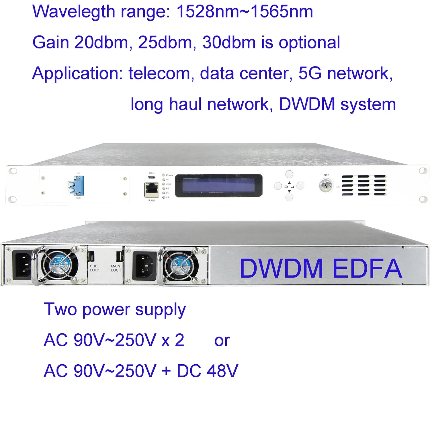 

30dBm Output DWDM EDFA Booster Amplifier, standard 1U Erbium-doped fiber amplifier for DWDM optical transmission system