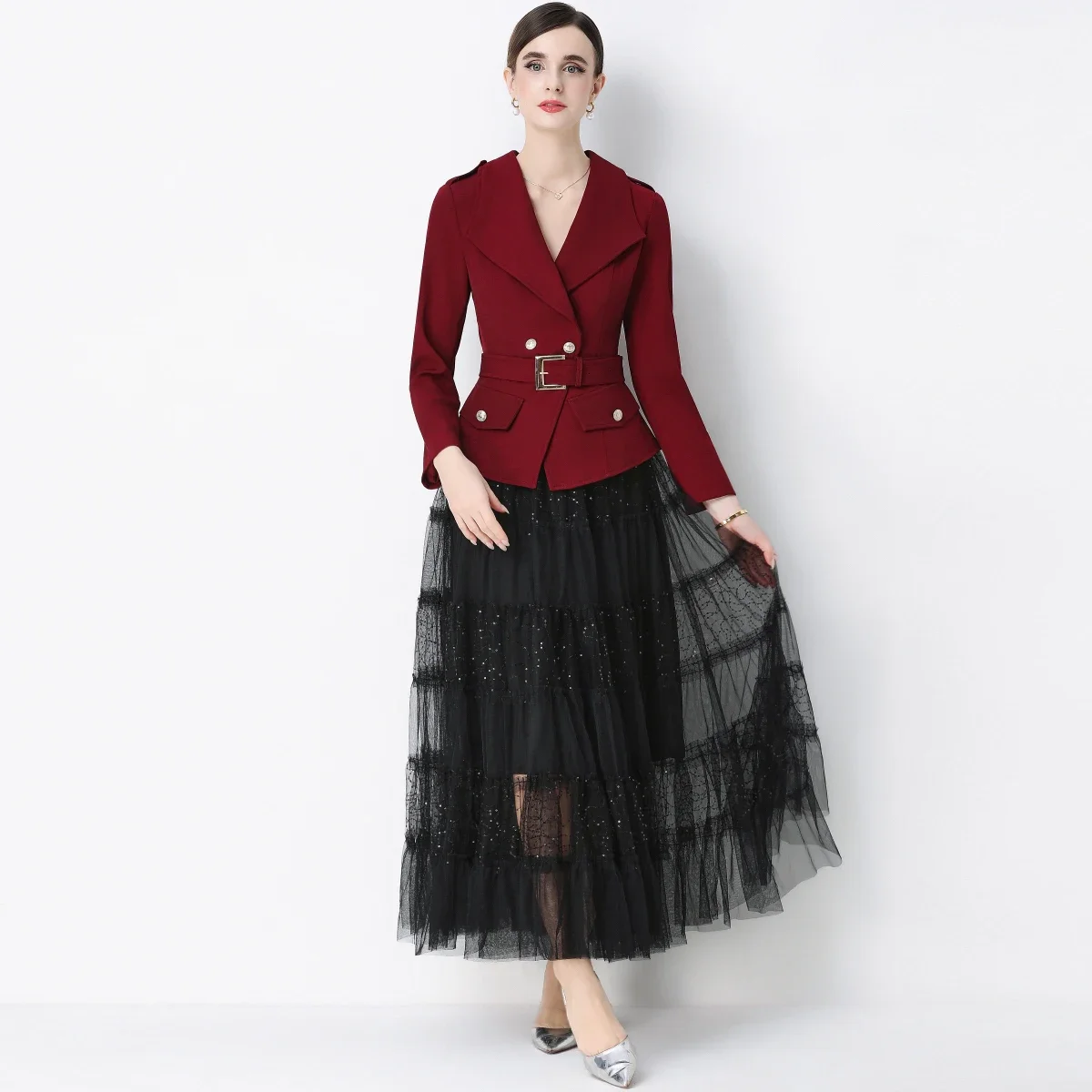 Greenora Slim 2 Piece Blazer and Skirt 2026 New Fashion Office Lady Notched Long Sleeve Belt Brazers Elegant Mesh Maxi Skirt