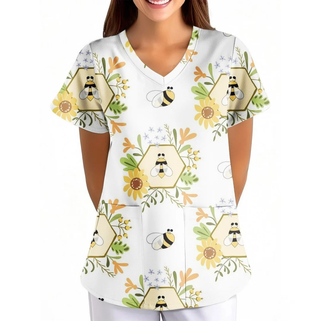 여성을 위한 패셔너블한 꽃무늬 프린트 수술복 V넥 간호복 여름 반소매 편안한 캐주얼 탑