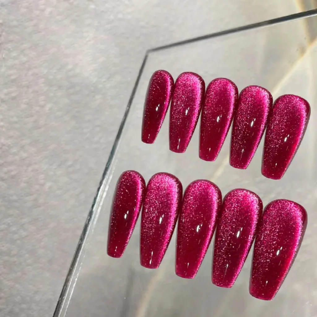 10Pcs Handmade Wearable Crystal Dragonfruit Fake Nails Cat's Eye Side-Lit Finished Nail Art Nail Plates for Beauty