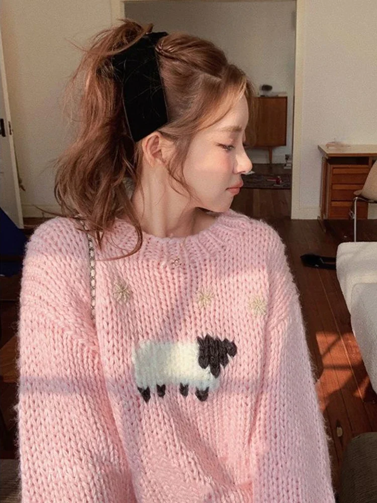 Pink Knit Sweet Pullovers Sweaters Women Long Sleeve Elegant Korean Sweaters Female O-neck Warm Kawaii Harajuku Pullovers 2024