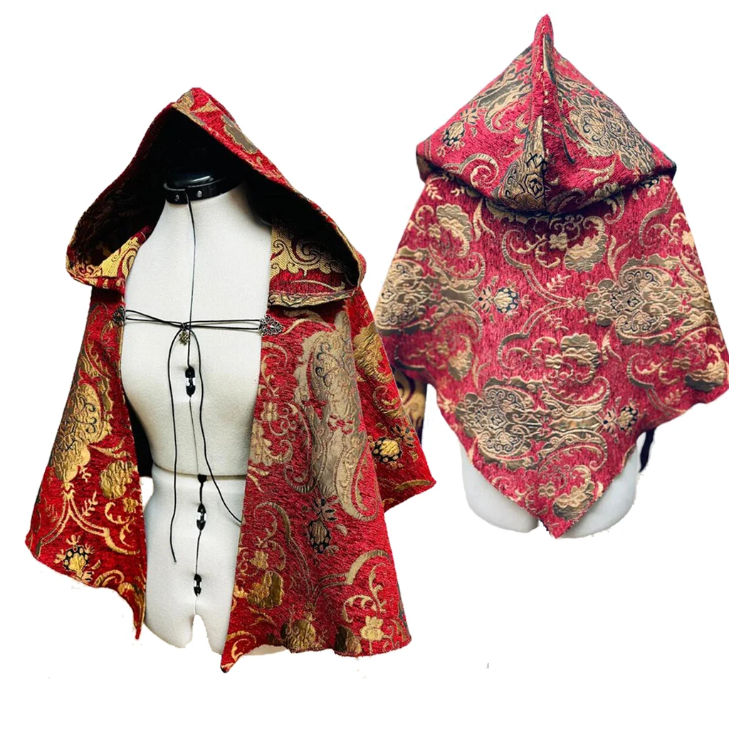 

Renaissance Red And Gold Full Hood Cape Gothic Steampunk Kimono Cloak Festival Cloak Victorian Fashion Luxury Shawl For Adult