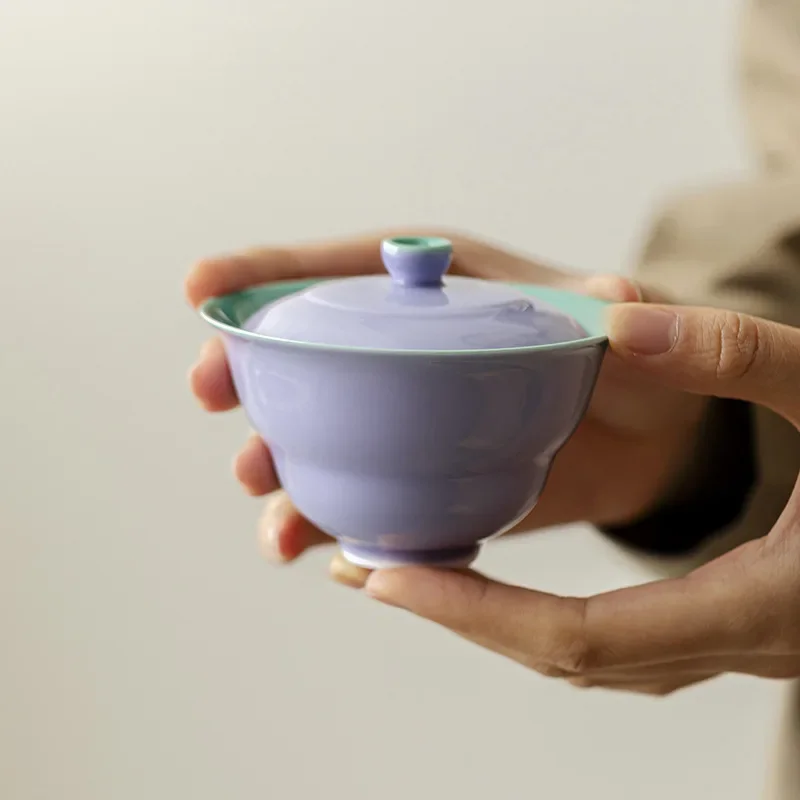 Hibiscus Purple Household Ceramic Cover Bowl Kung Fu Tea Set Inner Glaze Turquoise Green Thin Tire Tea Bowl Purple Cover Bowl