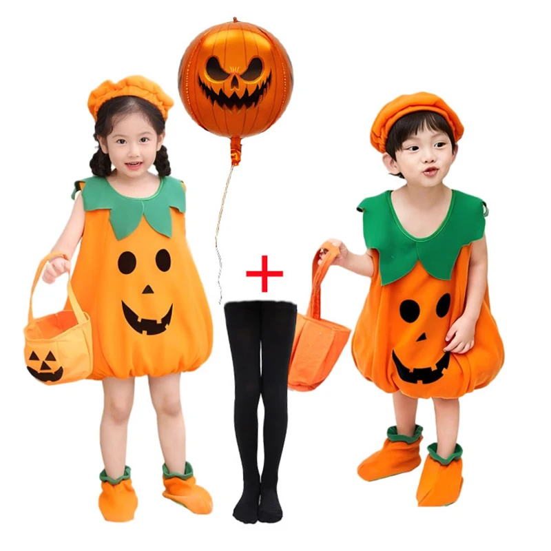 Baby Pumpkin 3Pcs Costume Set Sleeveless Outfit+Hat+Shoes Kids Halloween Cosplay Apparel Boys and Girls All Saint's Day Clothing
