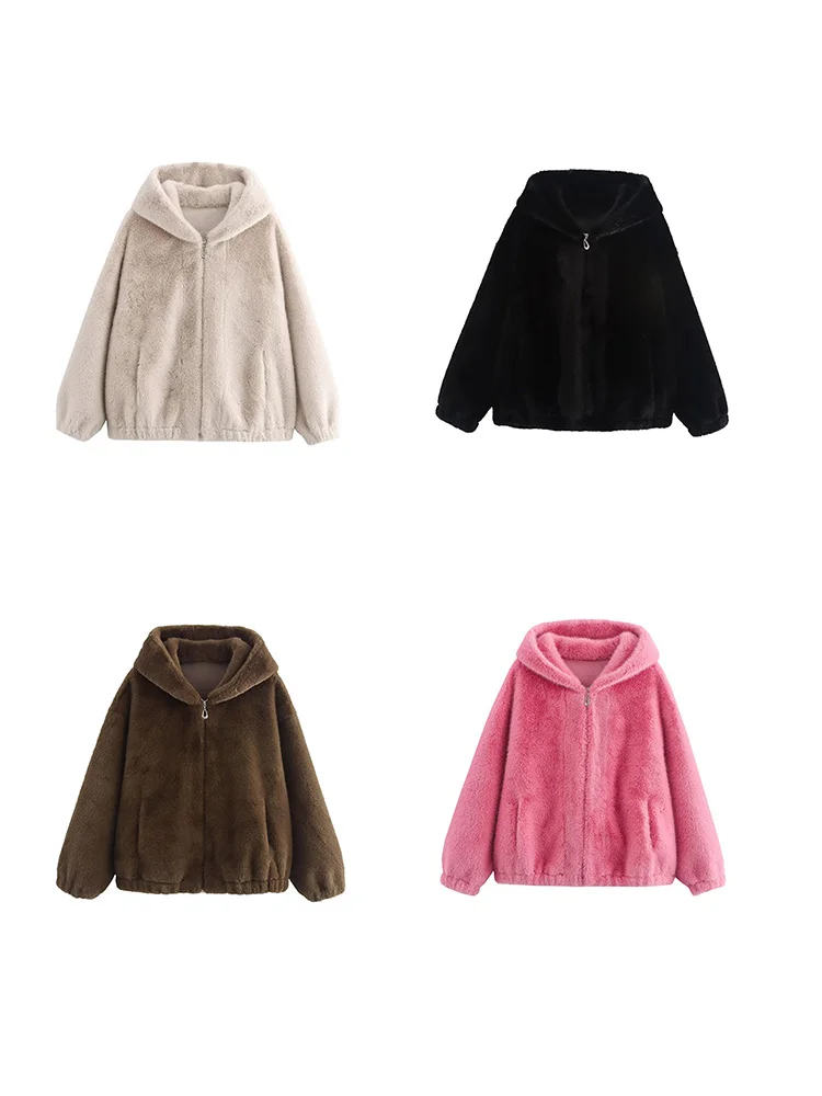 2024 zipper hooded imitation mink coat women\'s winter new loose fashion temperament tops