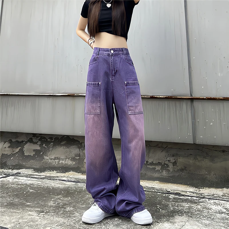 

2023 Purple Women Boyfriend Style Baggy Jeans High Waist Gradient Color Washed Y2k Cargo Pants Mopping Straight Denim Trousers