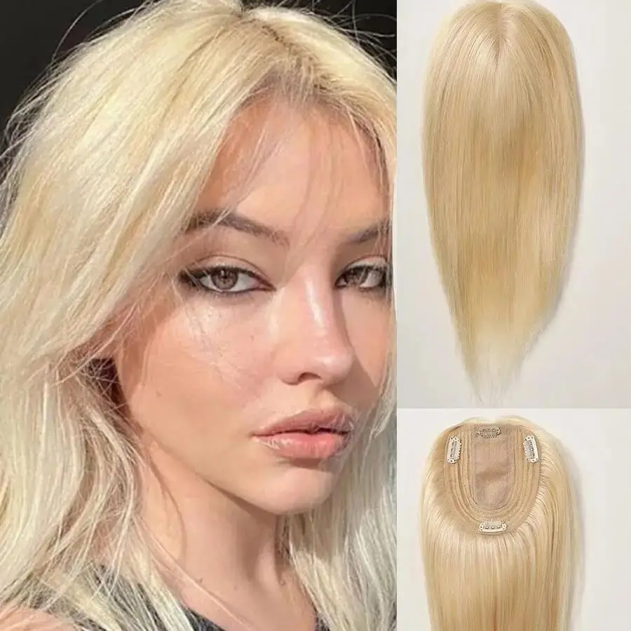 

Ash Blonde Human Hair Topper Wig 60 Color18" For Women Toupee 16*18 cm Breathable MONO PU Base With Clips Toupee Remy Hairpiece