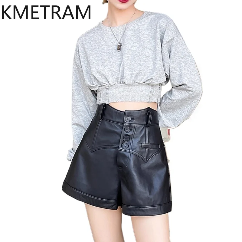 

KMETRAM 100% верхние многослойные шорты из овчины для женщин, черные мини-короткие шорты из натуральной кожи, осенне-зимняя женская одежда S, 2025 шорты