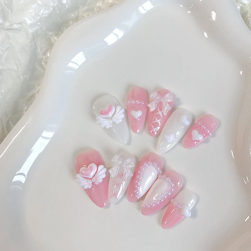 10 Stück handgepresste mandelförmige Nägel, schöne künstliche Nägel, süße Herz-Nagelkunst, rosa Engel, geeignet für Frauen. – Detail 4