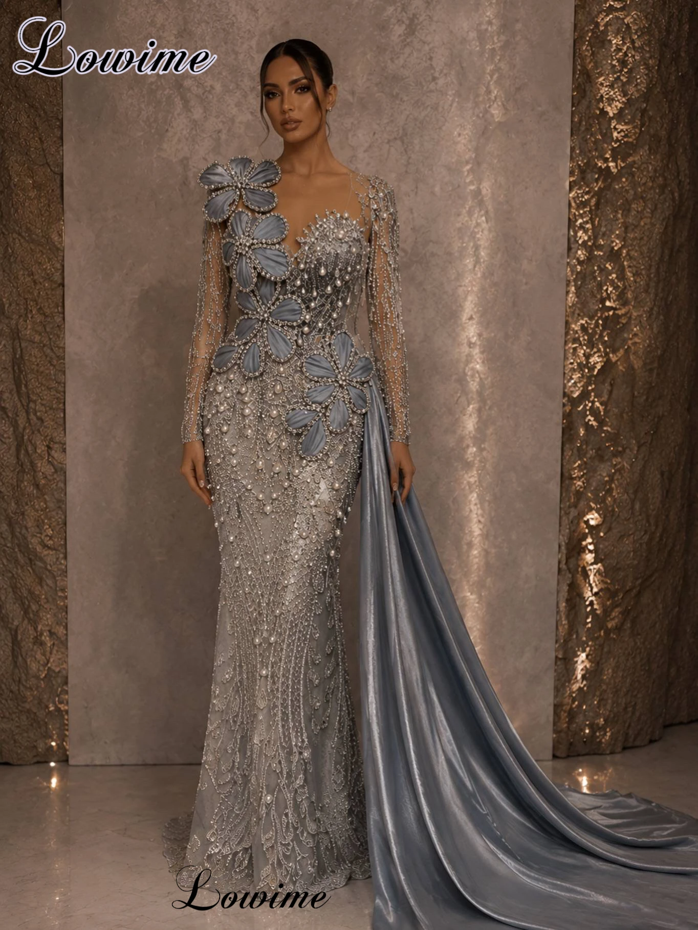 

Vintage Long Sleeves Evening Dresses With Pearls Crystals Celebrity Dresses Mermaid Birthday Dresses robe de soirée Customized