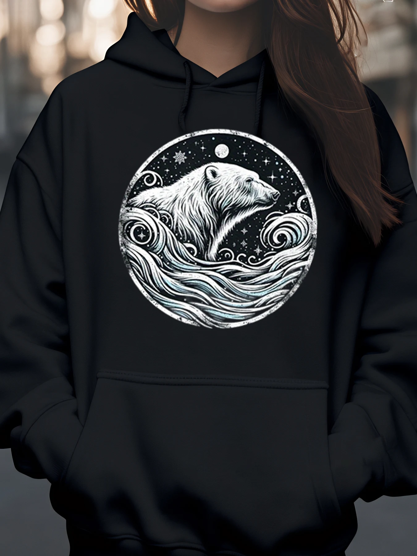 

Толстовка с принтом белого медведя, луны, океана, зимняя праздничная повседневная одежда унисекс