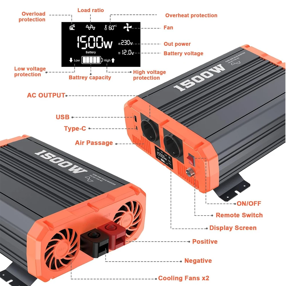 3000W/6000W Pure Sine Wave Inverter 12V/24V/48V to 110V/230V, LCD Display, Remote Control, for Home, Camping, RVs, Off-Grid Syst