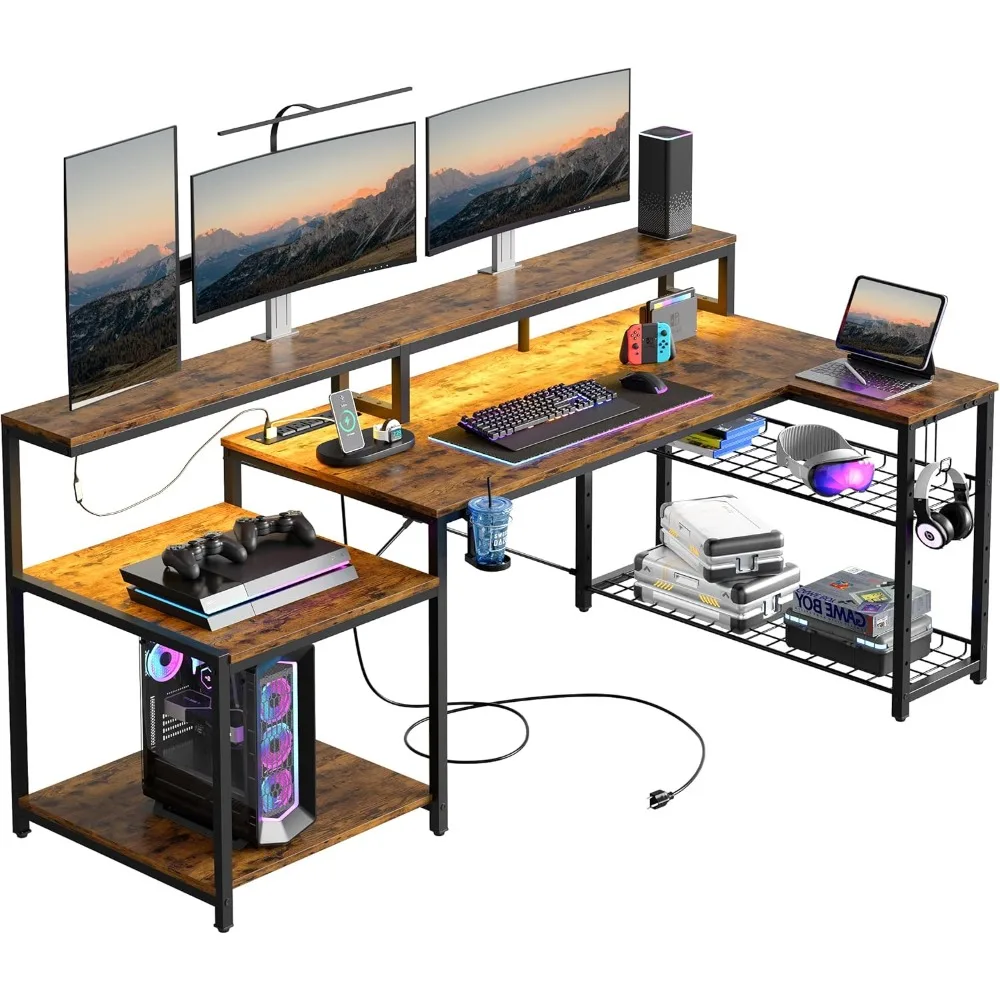 

71.5-inch computer desk with power outlet, LED large family office desk with monitor stand, L-shaped corner desk