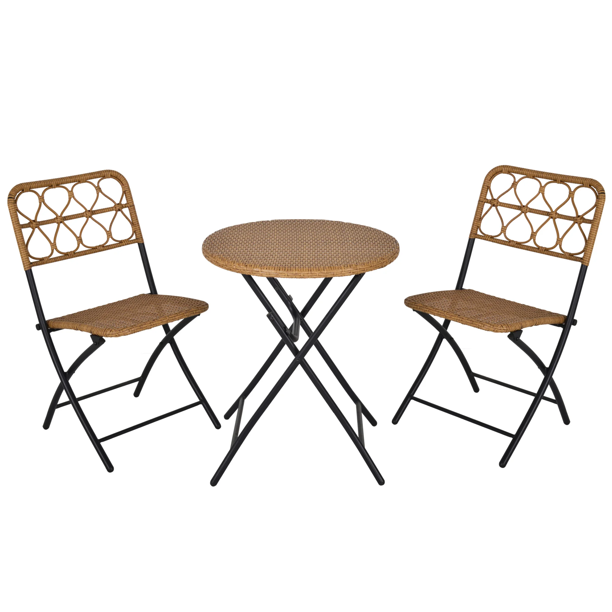 Outsunny folding table and 2 chair set of rattan for garden terrace steel structure-60x71 cm and 46x56x83 cm