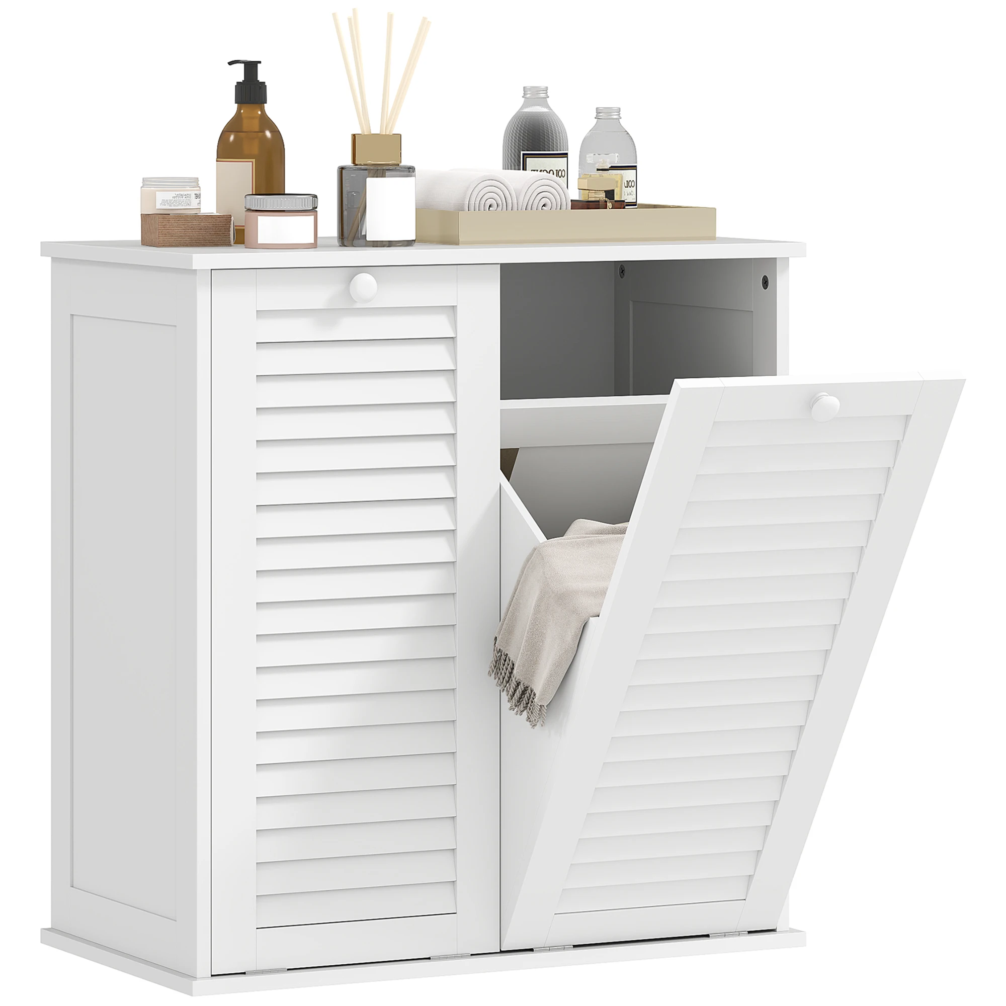 Mobile da Bagno HOMCOM con Cesto Portabiancheria, Armadietto in Legno con Ante a Persiana e 2 Cesti, per Bagno, Lavanderia, 70x38x73 cm, Bianco