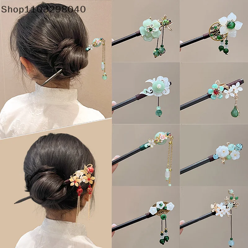 Palitos de cabelo de pavilhão luminoso estilo chinês para mulheres e crianças – grampos de cabelo retrô de metal e madeira com borla de flores, acessórios de cabelo