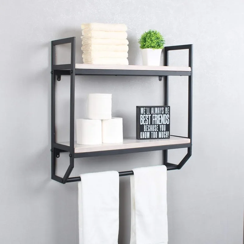 

2-Tier Metal Industrial 23.6" Bathroom Shelves Wall Mounted,Rustic Wall Shelf Over Toilet,Towel Rack with Towel Bar,Utility