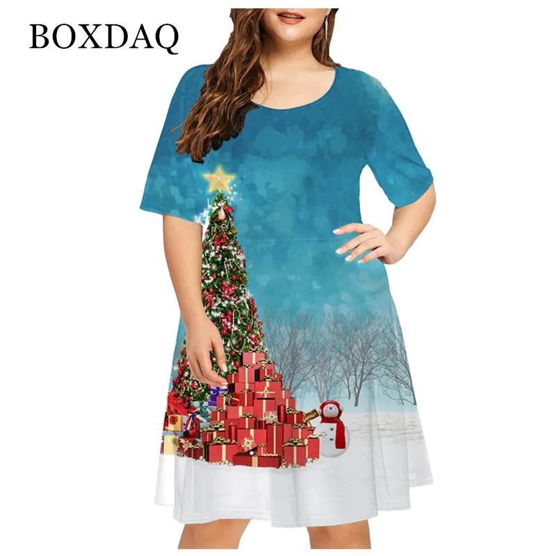 6XL Plus Size Women Clothing Red Christmas Elk Fashion Funny Cute Short Sleeve Print Dress X-Mas Snowman Snowflake Loose Dresses