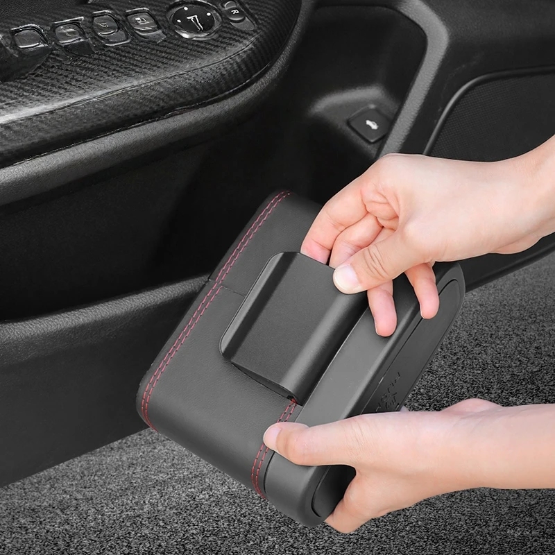 Multifunktionale Auto-Aufbewahrungsbox mit Druckmechanismus, Mülleimer aus PU-Leder für Fahrzeuge, Aufbewahrungsbox zum Aufhängen an der Rückseite des Sitzes und an der Tür, mit Druckmechanismus – Detail 8