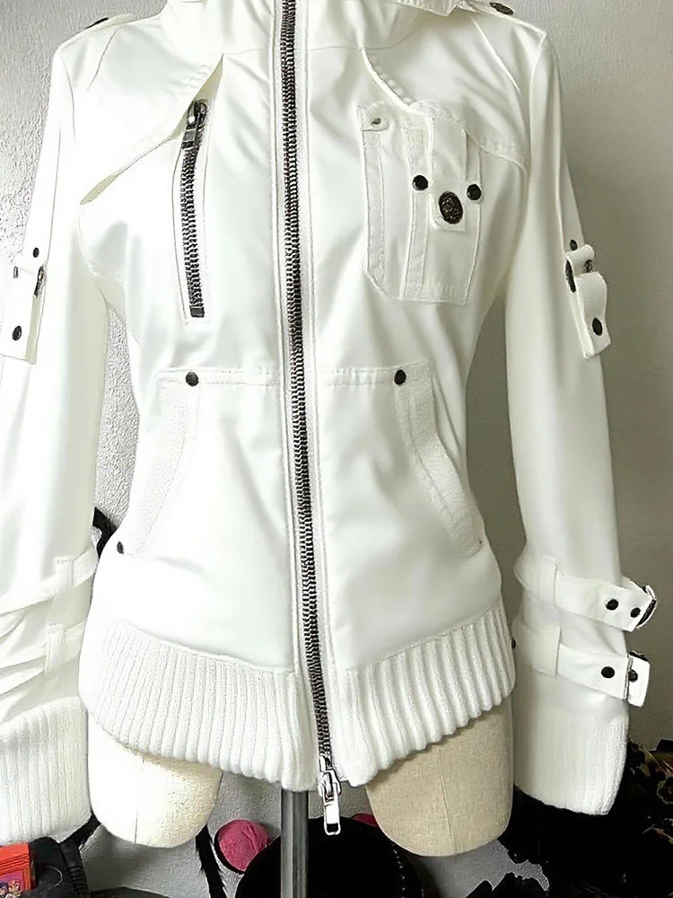 

Original American Retro Biker Jaet Women's Slim Fit Versatile White Outerwear Autumn Season Faionable Casual Cotton Blend