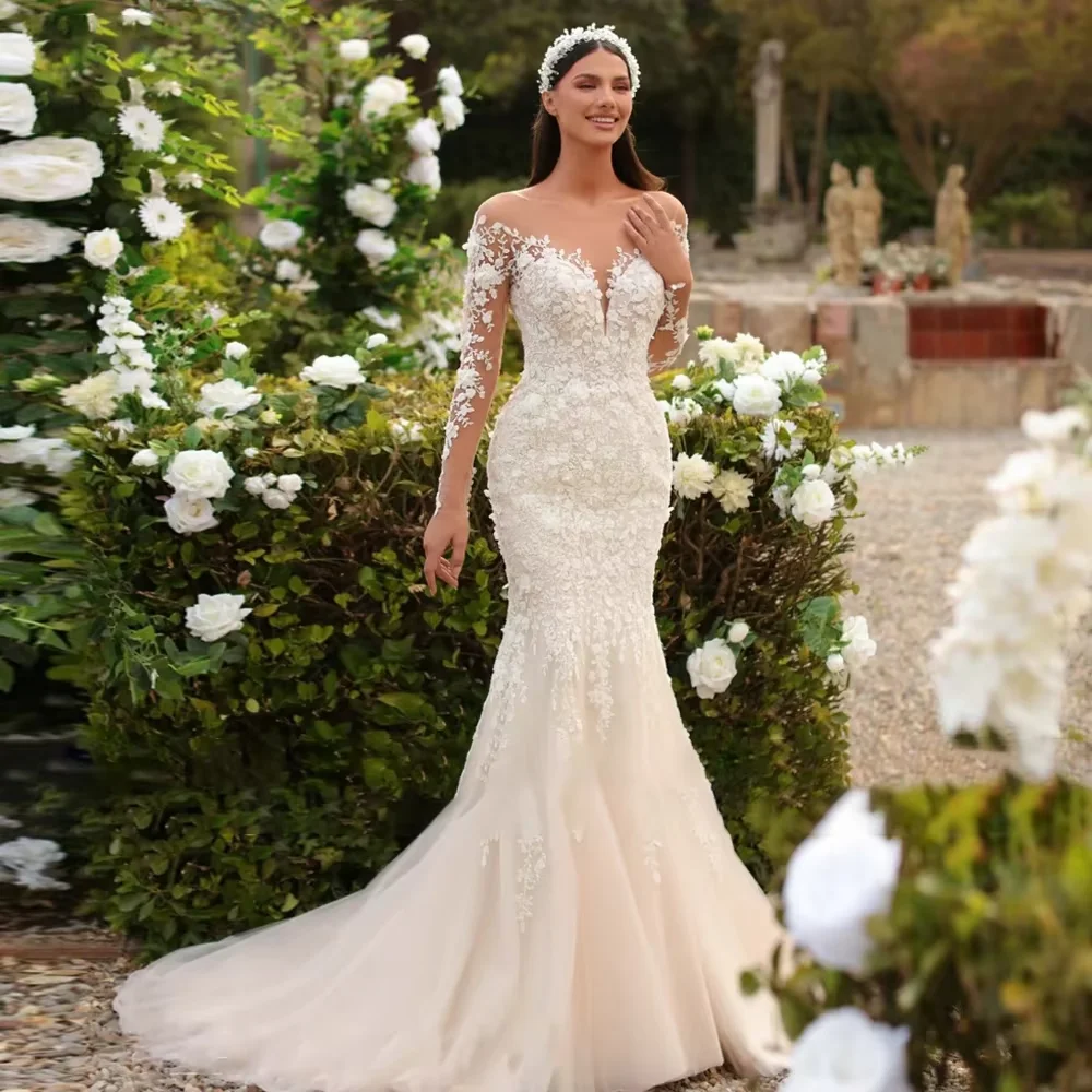 تخصيص حورية البحر فستان الزفاف س الرقبة طويلة الأكمام ثوب الزفاف الدانتيل انفصال زائدة Vestidos De Novia #1