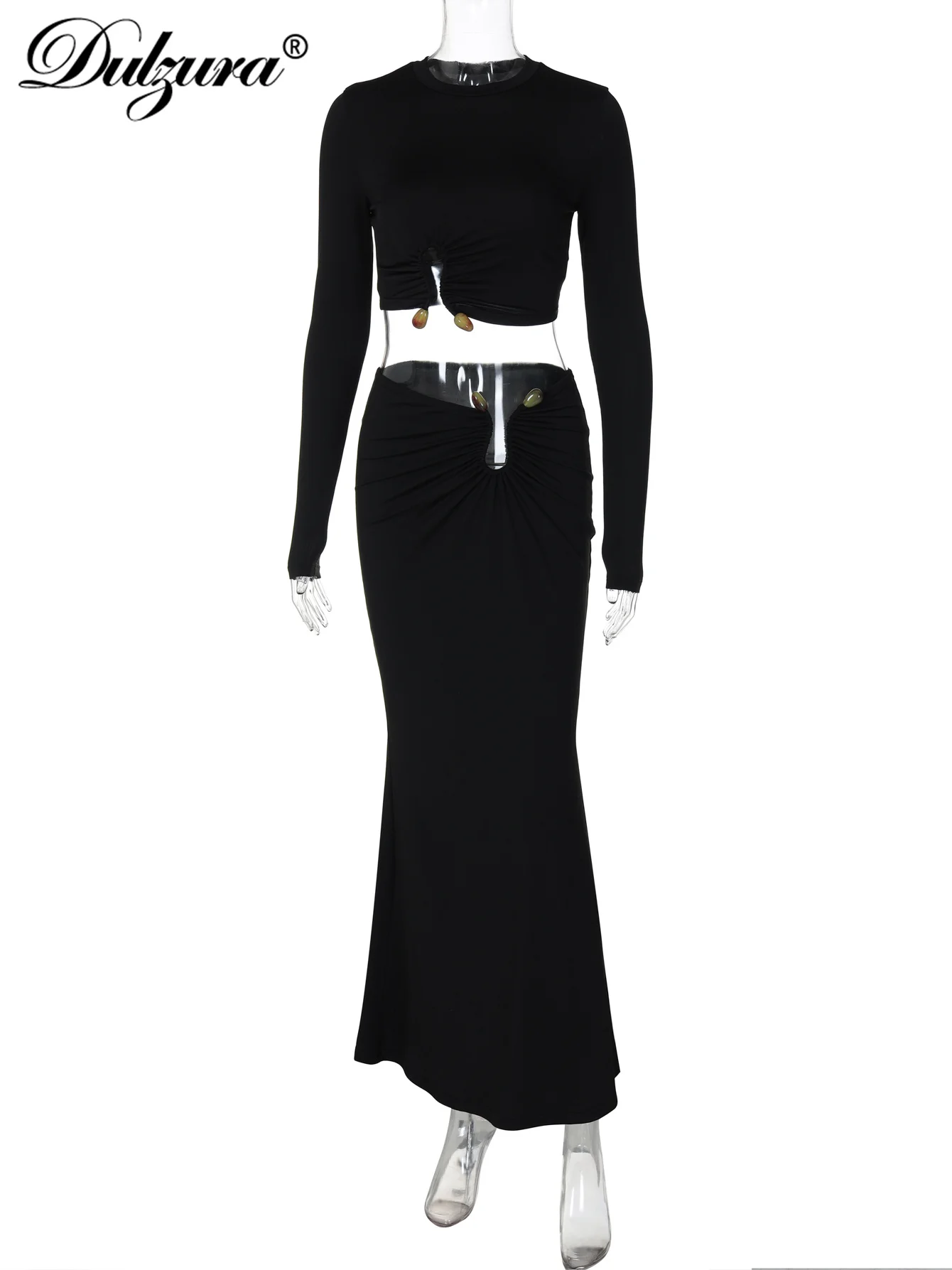 Dulzura Sexy Elegant 2 Piece Skirt Set O-Neck Long Sleeves Bodycon Crop Top And Maxi Skirt Matching Set Party Club Autumn Winter