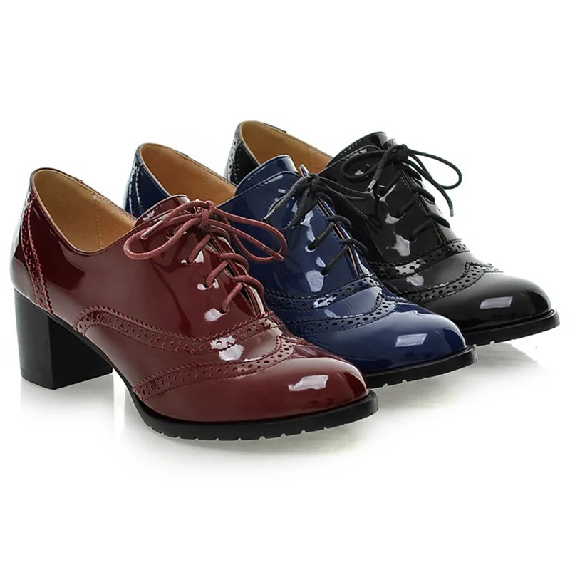 Women\'s Pump Shallow Brogue Shoe Vintage Chunky Heel Cut Out Oxford Shoes Woman Lace Up Female Fashion Elegant Ladies Short Boot