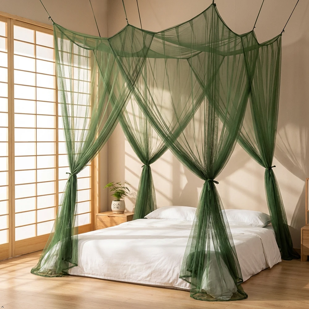 Mosquiteiro de Poliéster para Cama de Solteiro com Quatro Portas, Tela Quadrada, Cor Verde, Tamanhos Queen/King, Respirável