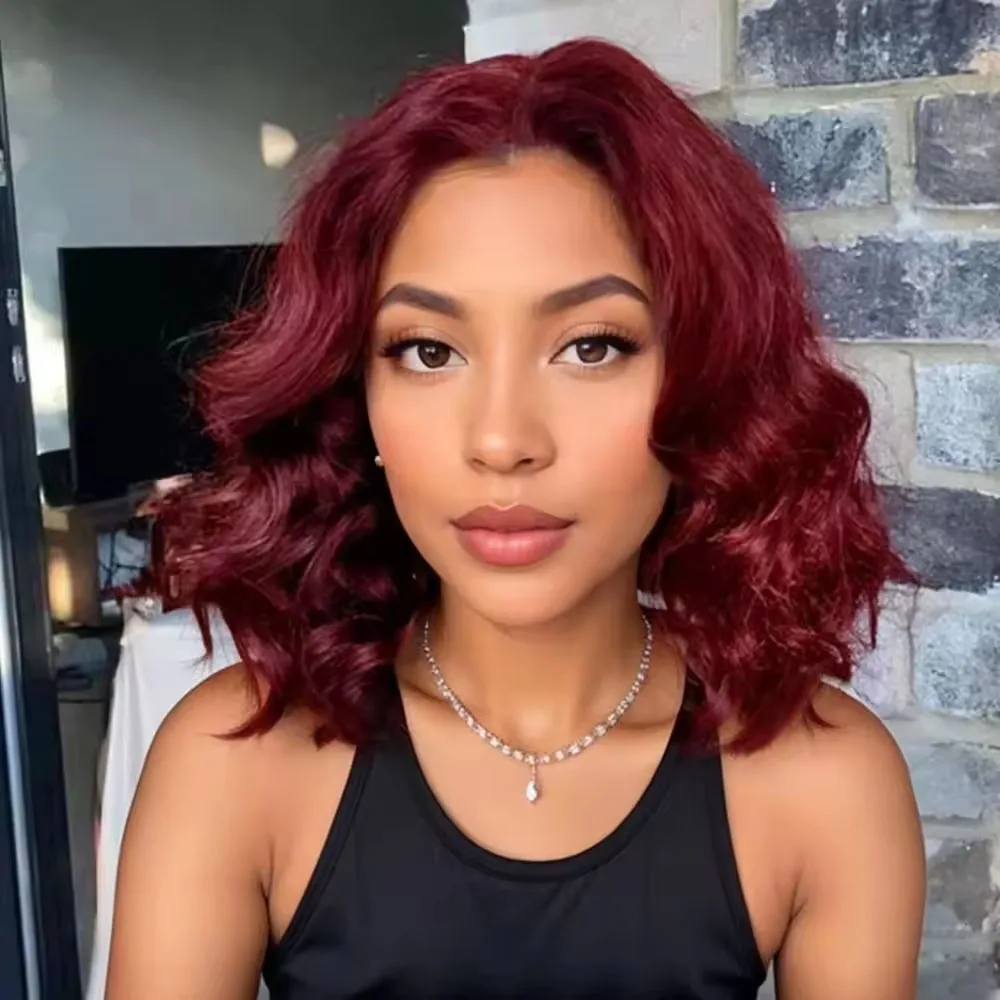 

8-14 Inch 99J Burgundy Body Wave Bob Wig 13x4 Transparent Lace Frontal Wig 100% Brazilian Human Hair Wig 180 Density