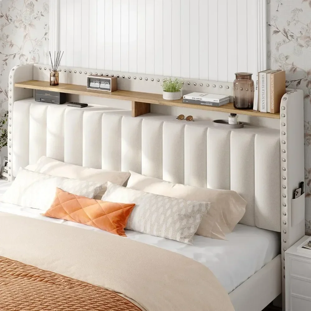 Queen Size Bedframe Met 2 Laden, Gestoffeerd Hoofdeinde En Opslag, Geen Lawaai, Geen Boxspring Nodig, Queen Size Bedframe