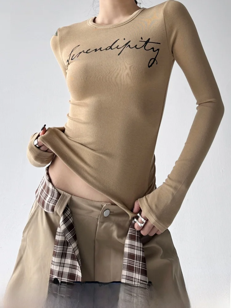 

Chic Long Sleeve Slim Fit Women's Base Shirt Autumn Fashion T-Shirt Casual Style Coffee Color High-End Feeling Elegant Top