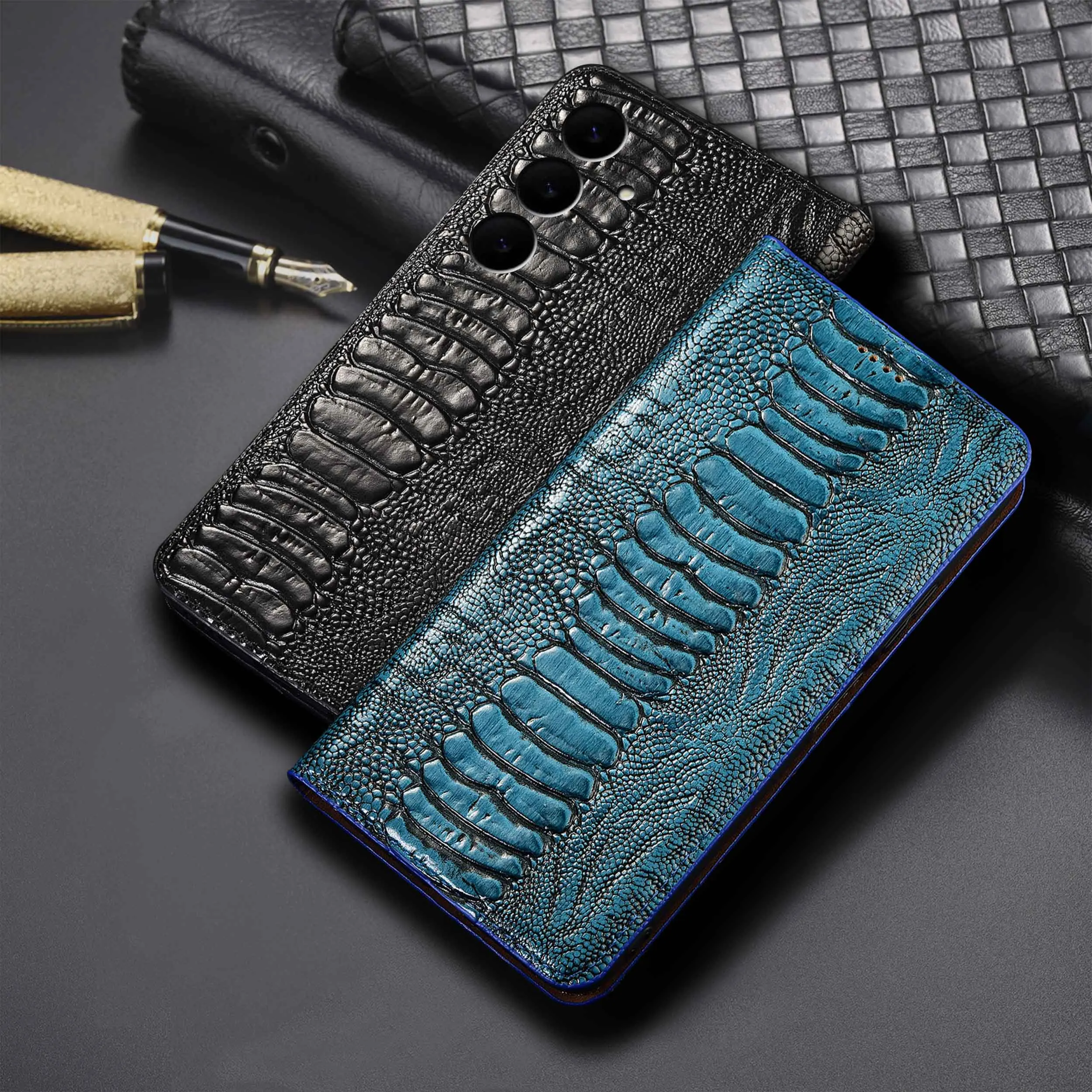 

For Samsung A01 A02(S) A03 A04(S)(E) A05(S) A06 A07 4G Core Ostrich Feet Pattern Genuine Leather Wallet Flip Phone Case Cowhide