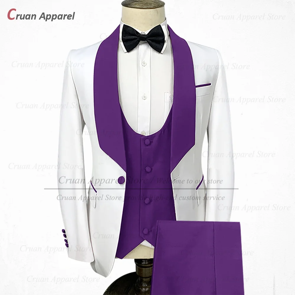 Ivory Purple Men Suits Slim Fit Groomsmen Groom Wedding Tuxedo Fashion Party Blazer Vest Pants 3 Pieces Singers Men Clothing Set