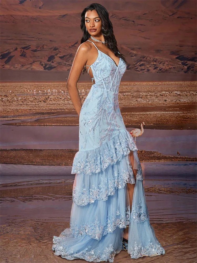 

Luxury Sexy halter Backless Evening Cake Dresses Luxury Sequins Slit Formal Elegant Mermaid Wedding Maxi Party Cocktail Gowns