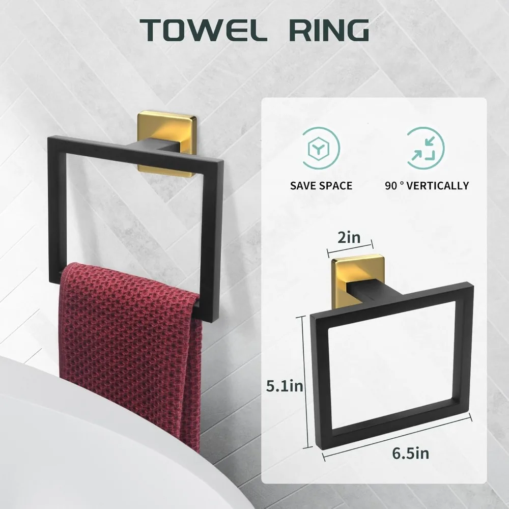 Luxury Black and Gold Bathroom Accessory Set - 7-Piece Towel Bar, Rack, Holder, and More