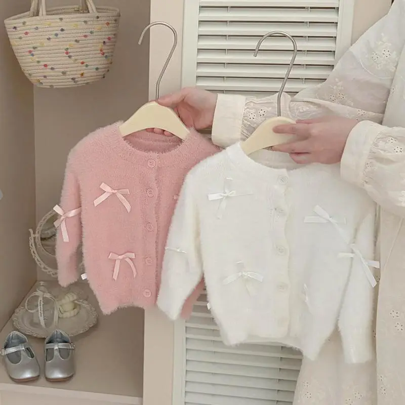 2026 Autumn New Girls Sweet Bow Mink Velvet Cardigan Baby Girl Long Sleeve Soft Princess Knitted Coat Infant Toddler Clothes