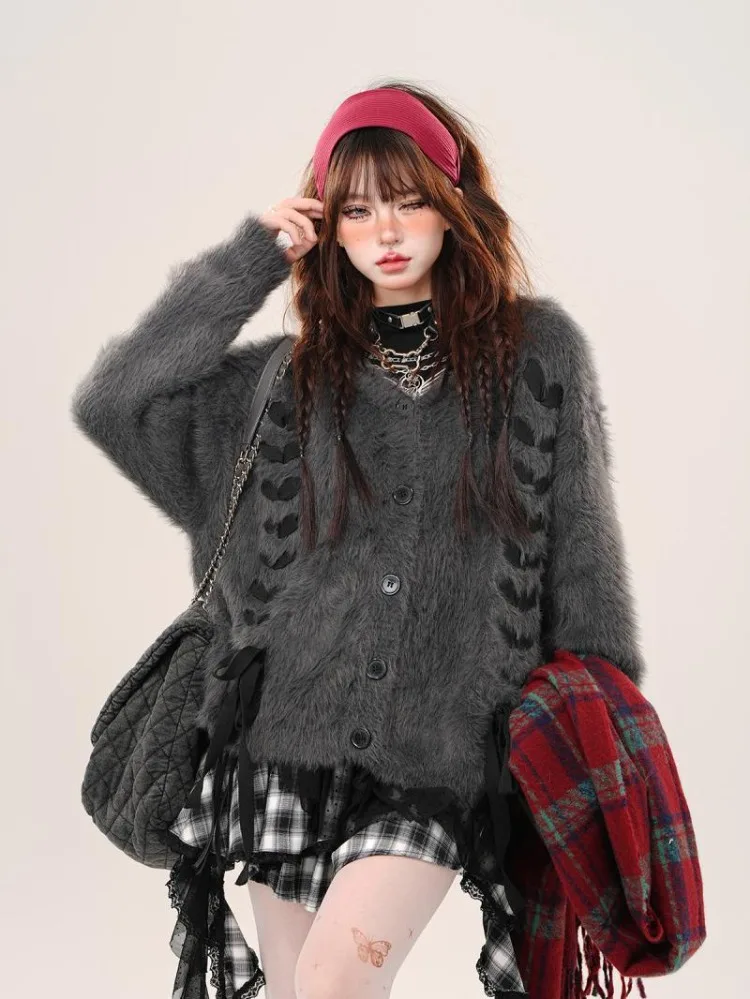 Kimutomo Harajuku Knitted Cardigan Women Hooded Single Breasted Loose Stretch Bandage Gothic Sweater Vintage Grunge Ladies Y2k