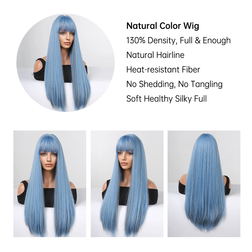 Long Sky Blue Straight Synthetic Wigs for Women with Bangs Blue Cosplay Halloween Daily Party Natural Fake Hairs Heat Resistant