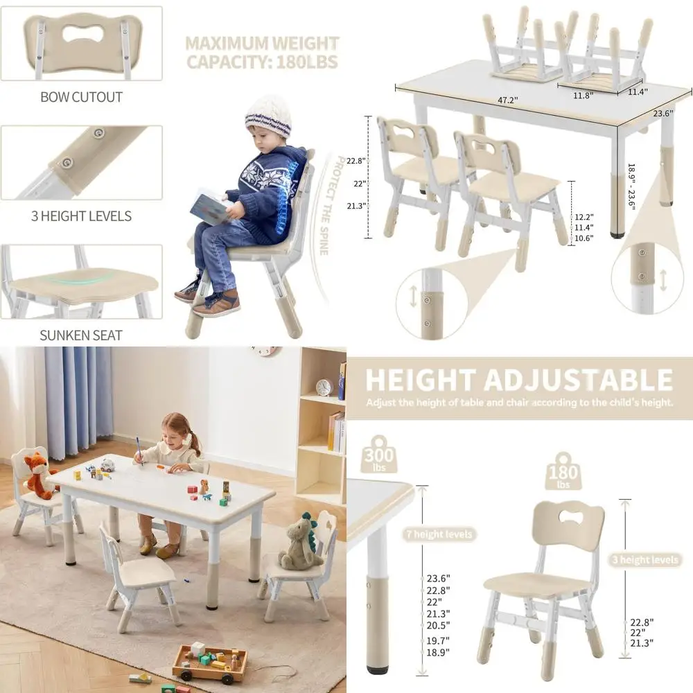 

Height-Adjustable Kids Study Table and Chair Set, 47.2L x 23.6W, Toddler Activity Furniture for Home, Classroom, or Daycare