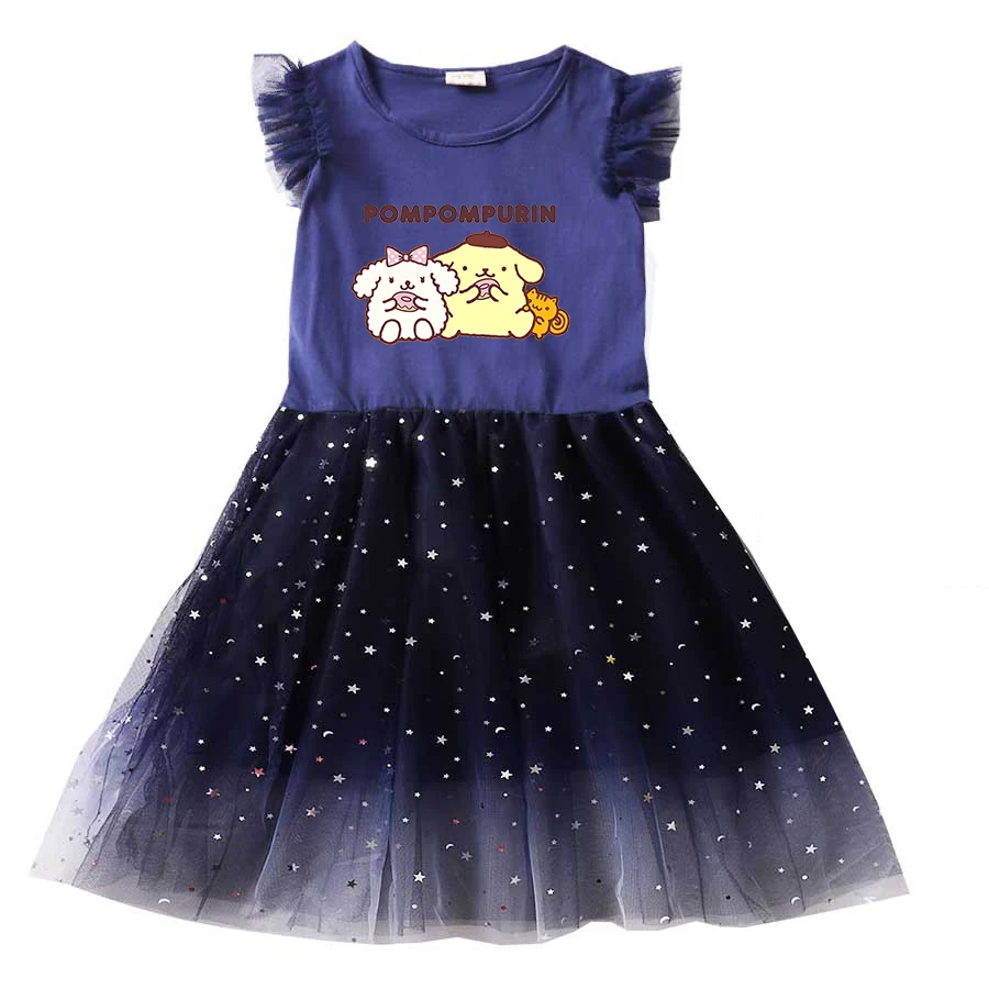 Pompompurin Summer Kids Dresses for Girls Kids Cartoon Short Sleeve Princess Dress Children's Prom Mesh Dresses