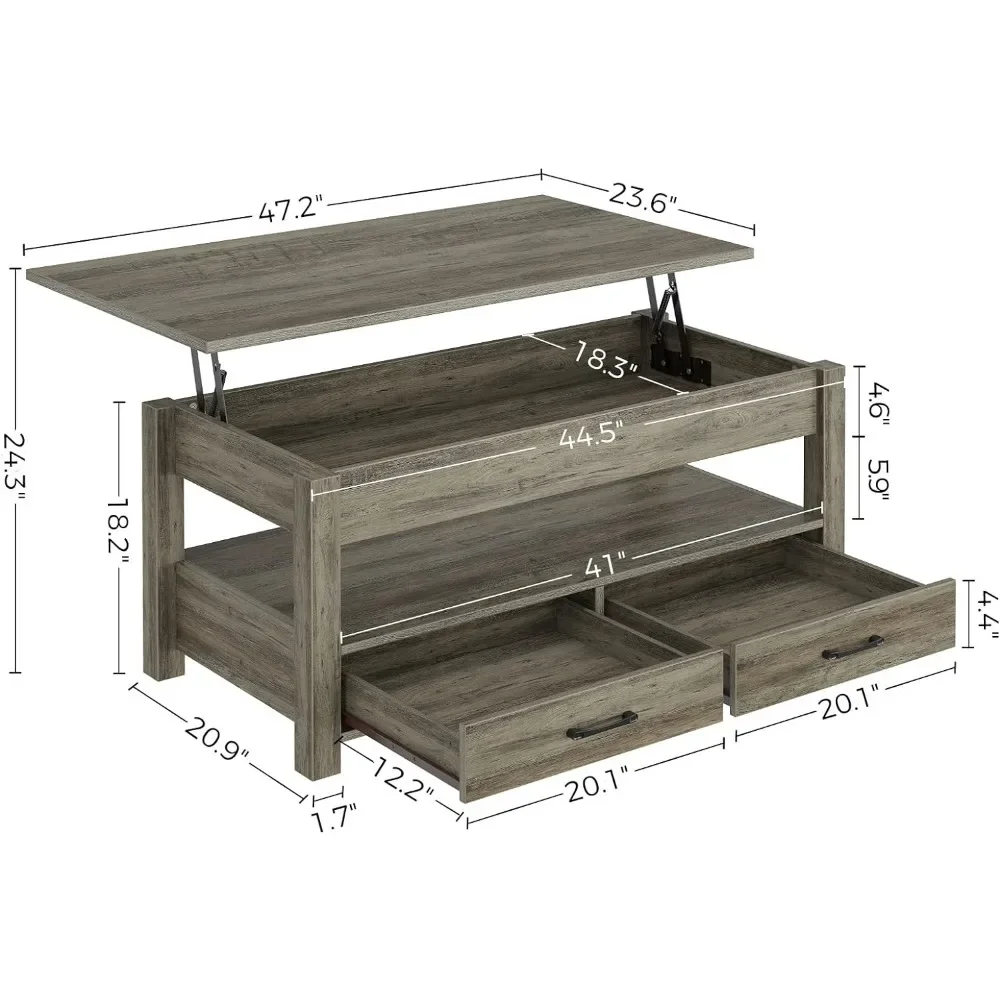 Table basse avec tiroirs et compartiments cachés, table centrale vintage avec plateau élévateur en bois, pour le salon, chêne lavé