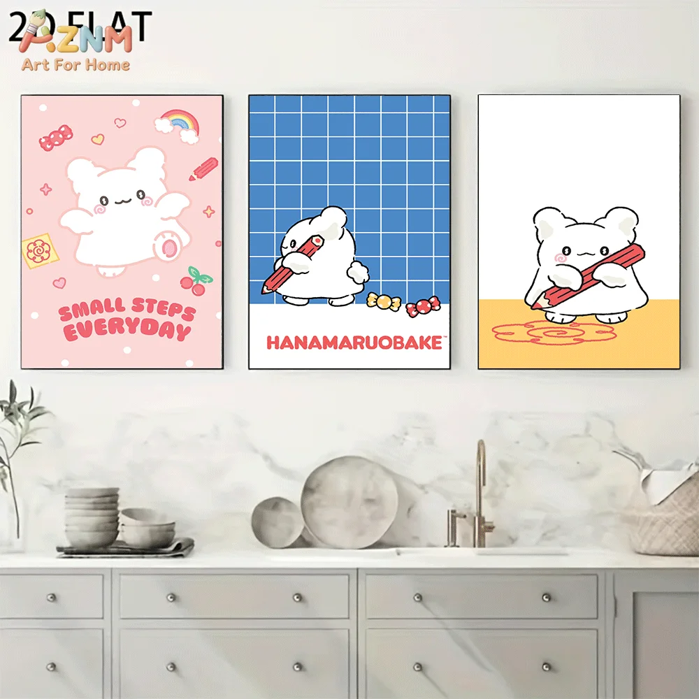 AZNM Hanamaruobake Frameless Canvas Wall Art, Rainbow Grid Pencil Cute Ghost Cartoon Poster, Kawaii 2D Flat Print for Home Bedro