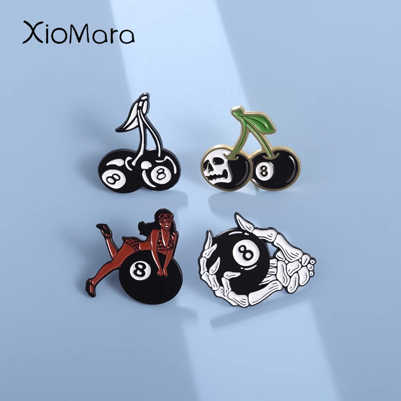 Broches de esmalte de cereza creativos de calavera personalizados, insignias de solapa, Punk, gótico, regalo de joyería para amigos, negro, 8 bolos