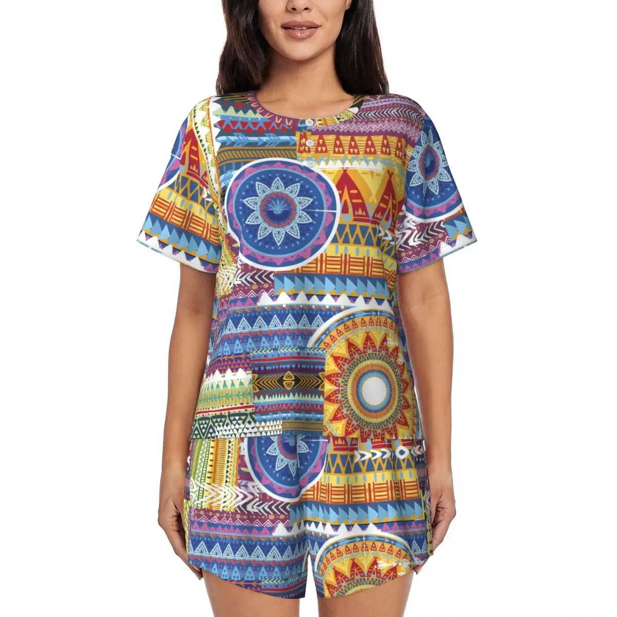 

Vintage Tribal Pajamas Daily Two Piece abstract art Vintage Pajama Sets Woman Short Sleeves O Neck Night Design Sleepwear