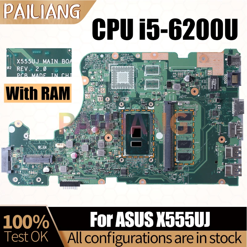 REV:2.0 For ASUS X555UJ Notebook Mainboard 60NB0AF0-MB1100 i5-6200U SR2EY With RAM Laptop Motherboard Full Tested