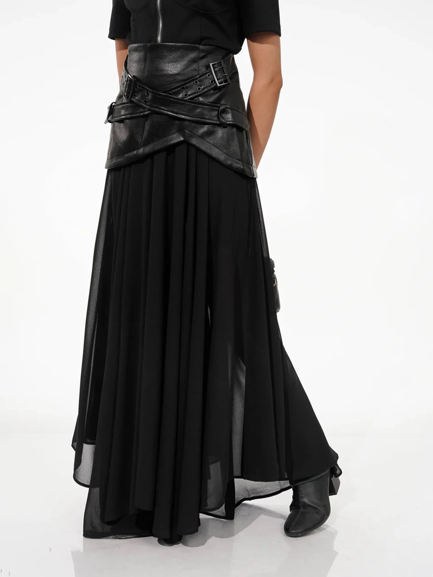 VGH Dark Style Black Mesh A-Line  Skirt Cross Belted Leather Skirt Versatile Japanese Light A-Frame Skirt Trendy Polyeste...