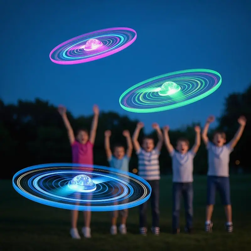 LED Luminous Flying Disc Toy Pull String Powered UFO Propeller Toy Creative Interactive Game Toy for Kids Camping Outdoor Play