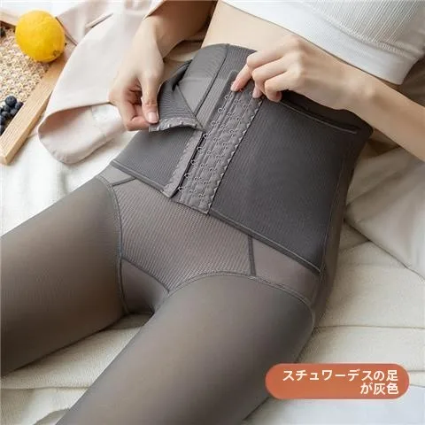 グレーの厚手フリース裏地付きハイウエスト薄手加圧パンスト-レディース秋冬用保温ベースレイヤータイツ