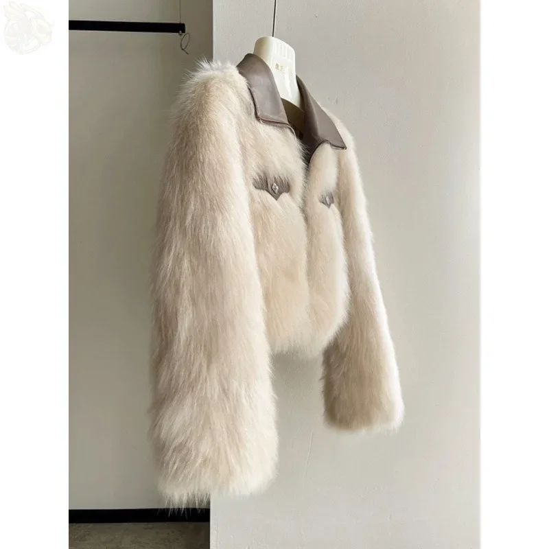 الربيع والخريف شيك تقسم التلابيب معطف الفرو فضفاض النساء الملابس رمادي فاتح تقليد الثعلب الفراء أفخم سترات قصيرة النساء بلايز