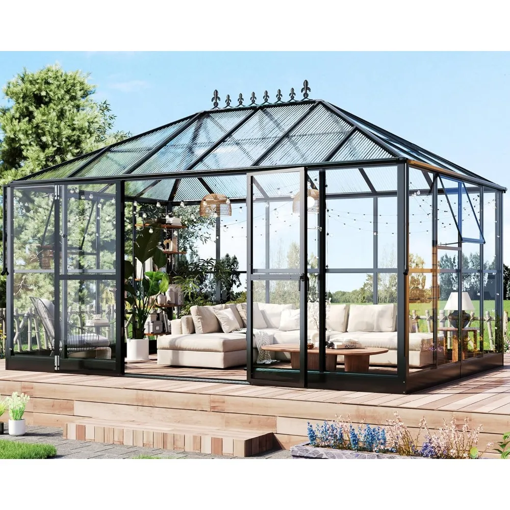 14x9.5x9 FT Hybrid Polycarbonate Greenhouse Walk-in Large Greenhouses for Outdoors 2 Swing Doors 2 Vents Greenhouse